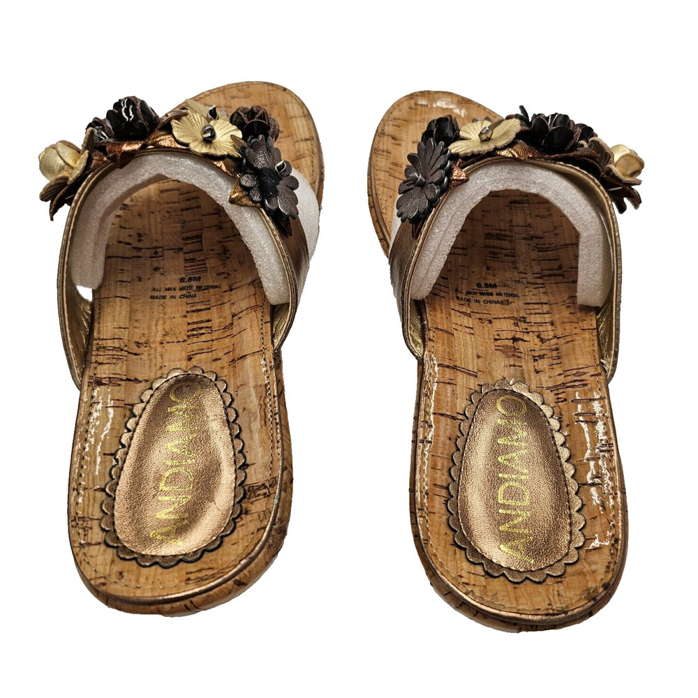 Andiamo Sandals Women Sz 8.5 Slide New Floral Bronze Black Cork Look Metallic - Picture 6 of 11